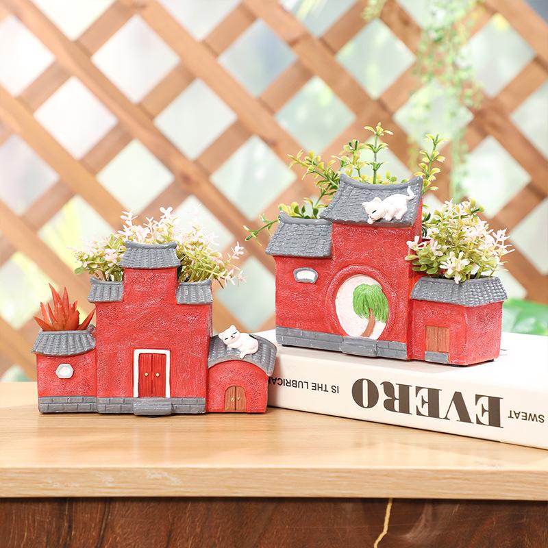 Chậu Cây Resin Chậu cây mọng nước hình nhà kiến trúc Trung Hoa, chậu mini trang trí sân vườn, ban công và văn phòng (RG-202)