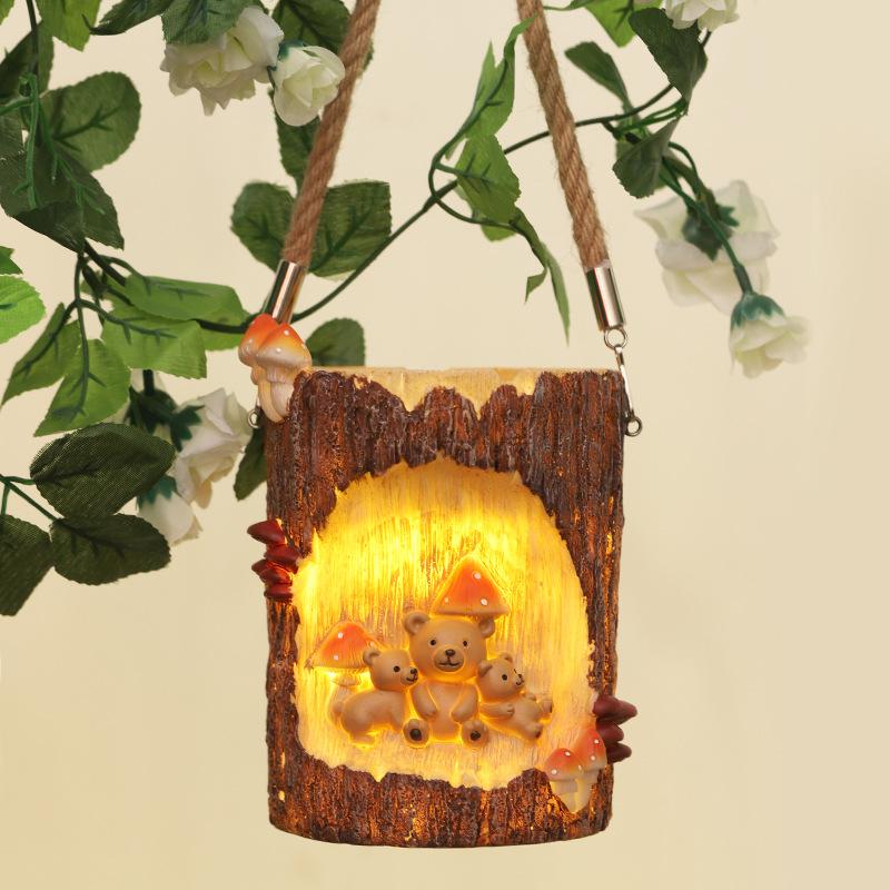 Chậu Cây Resin Đèn năng lượng mặt trời hình gốc cây và nhím, đèn sân vườn tiết kiệm điện, trang trí ban công (RG-240)