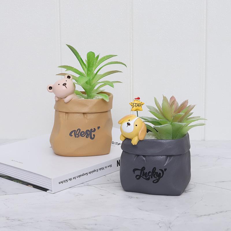 Chậu Cây Resin Chậu cây mọng nước hình túi giấy động vật hoạt hình resin, chậu mini trang trí bàn, văn phòng và tiểu cảnh (RG-102)