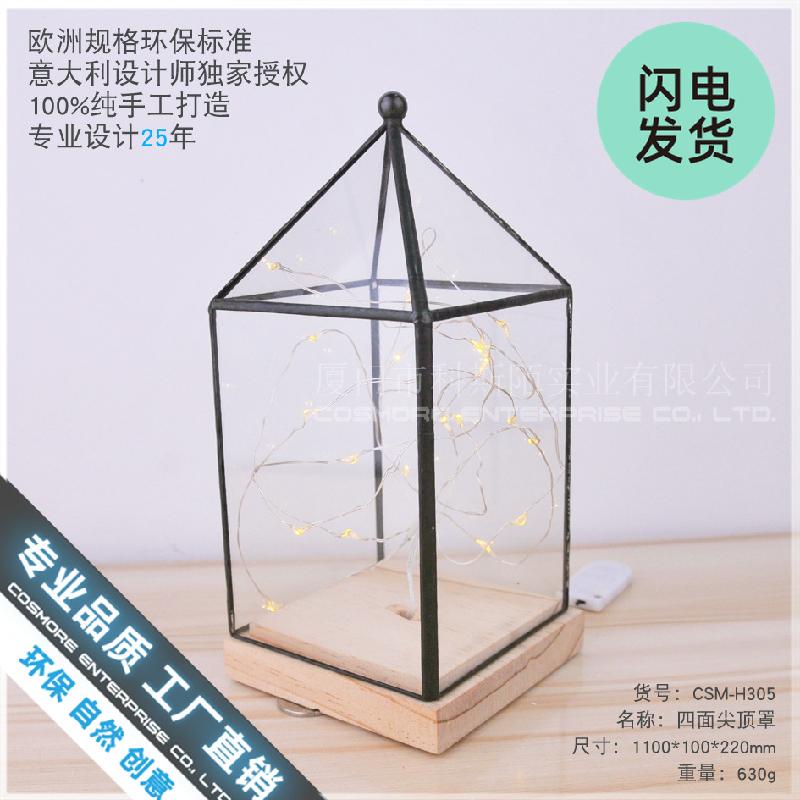 Chậu Đa Giác Đèn kính gỗ đỉnh nhọn LED hoa bất tử (DG-134)