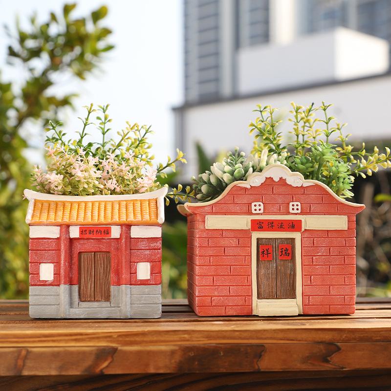Chậu Cây Resin Chậu cây hình nhà cổ Phúc Kiến resin, chậu mọng nước mini, đồ thủ công văn hóa truyền thống (RG-138)