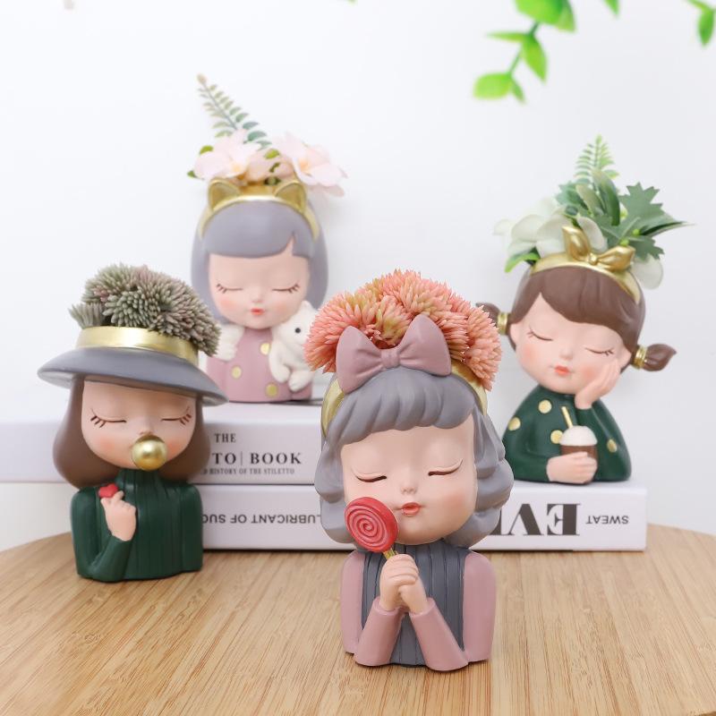 Chậu Cây Resin Chậu cây mọng nước hình cô gái resin phong cách châu Âu, chậu mini để bàn, trang trí cây xanh (RG-92)