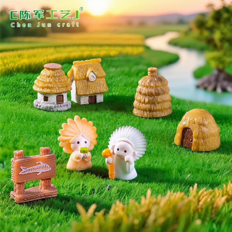 Phụ Kiện Tiểu Cảnh 微景观创意良渚文化堆小人稻草茅草屋 DIY装饰配件迷你树脂小摆件