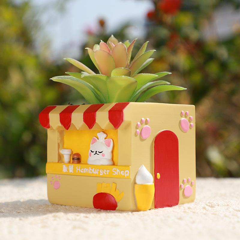 Chậu Cây Resin Chậu cây mọng nước hình cửa hàng đồ ăn hoạt hình resin, chậu mini để bàn, trang trí sân vườn (RG-225)