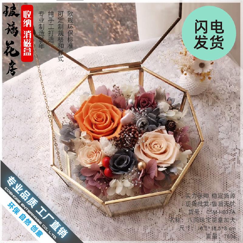 Chậu Đa Giác Hộp hoa bất tử kính, hộp trang sức viền đồng (DG-162)