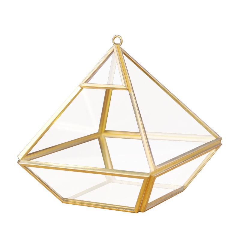 Chậu Đa Giác DG-142 Hộp hoa bền đời bắc Âu nội thất, hình học kim loại với kính Nhà cửa nhỏ cảnh quan, chén hoa sáng tạo, bốn mặt đồng bạc