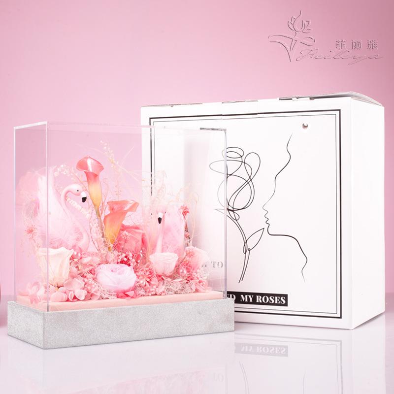 Hoa khô trang trí Hộp mica thiên nga hoa hồng vĩnh cửu quà giáo viên sinh nhật (HK-90)