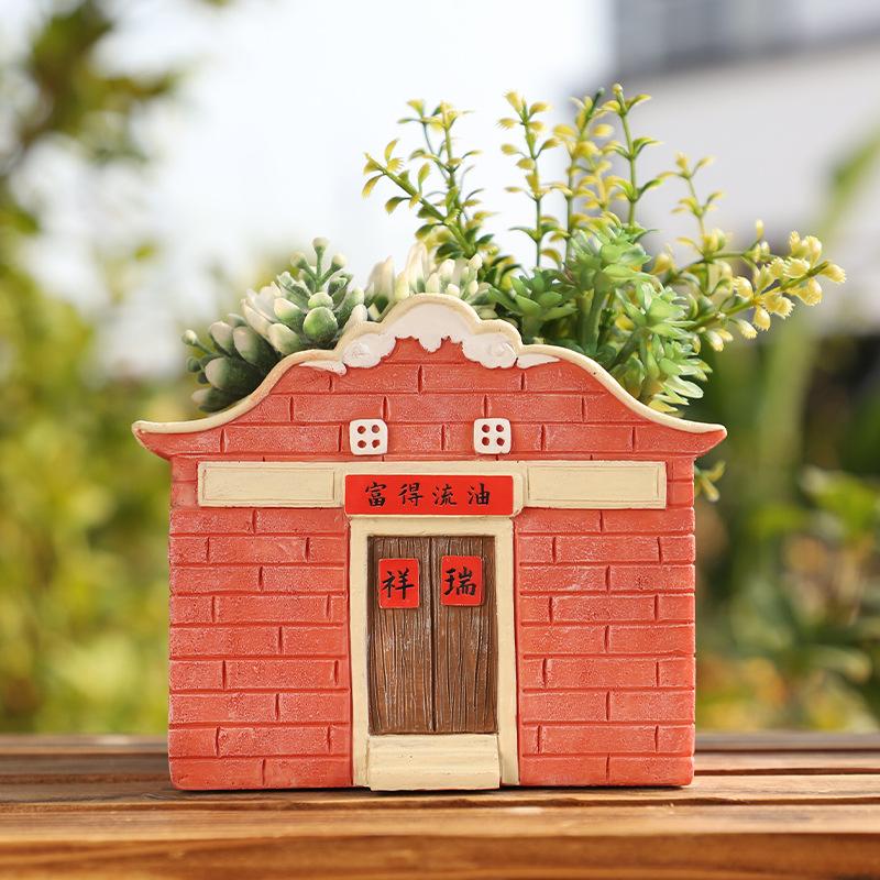 Chậu Cây Resin Chậu cây hình nhà cổ Phúc Kiến resin, chậu mọng nước mini, đồ thủ công văn hóa truyền thống (RG-138)