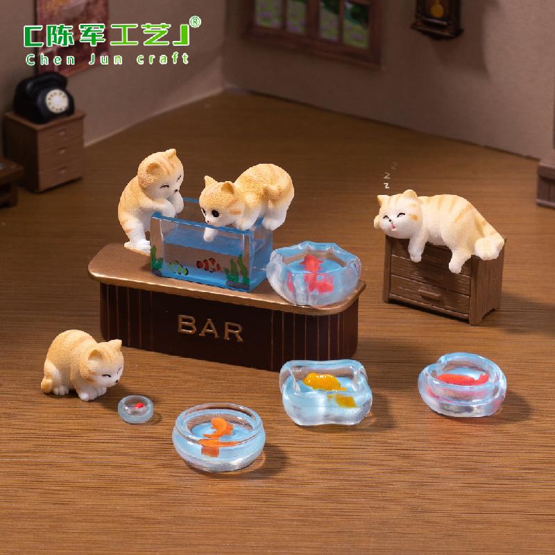 Phụ Kiện Tiểu Cảnh 微景观创意可爱调皮捞鱼小花猫娃娃屋 DIY装饰配件迷你微缩小摆件