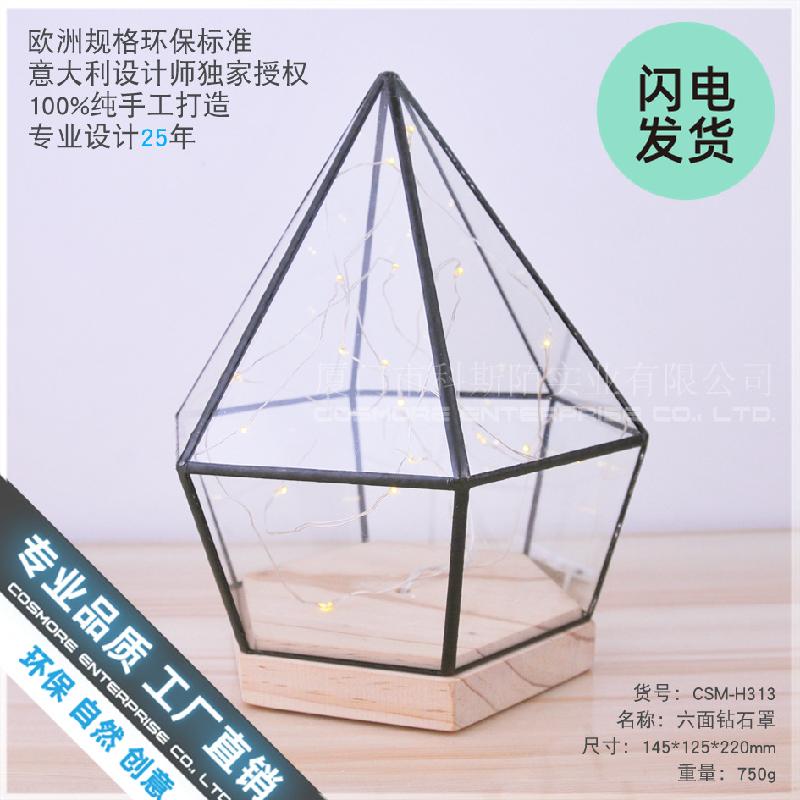 Chậu Đa Giác Chụp kính đế gỗ lục giác trang trí mô hình (DG-138)