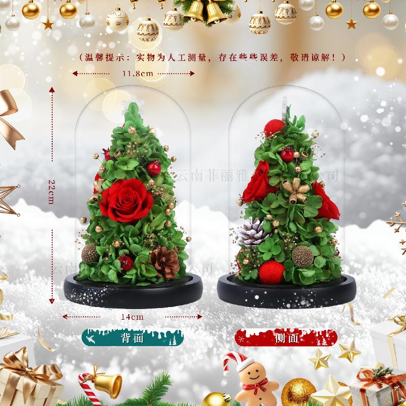 Hoa khô trang trí Hoa hồng vĩnh cửu cây thông Noel lồng kính quà cao cấp (HK-82)